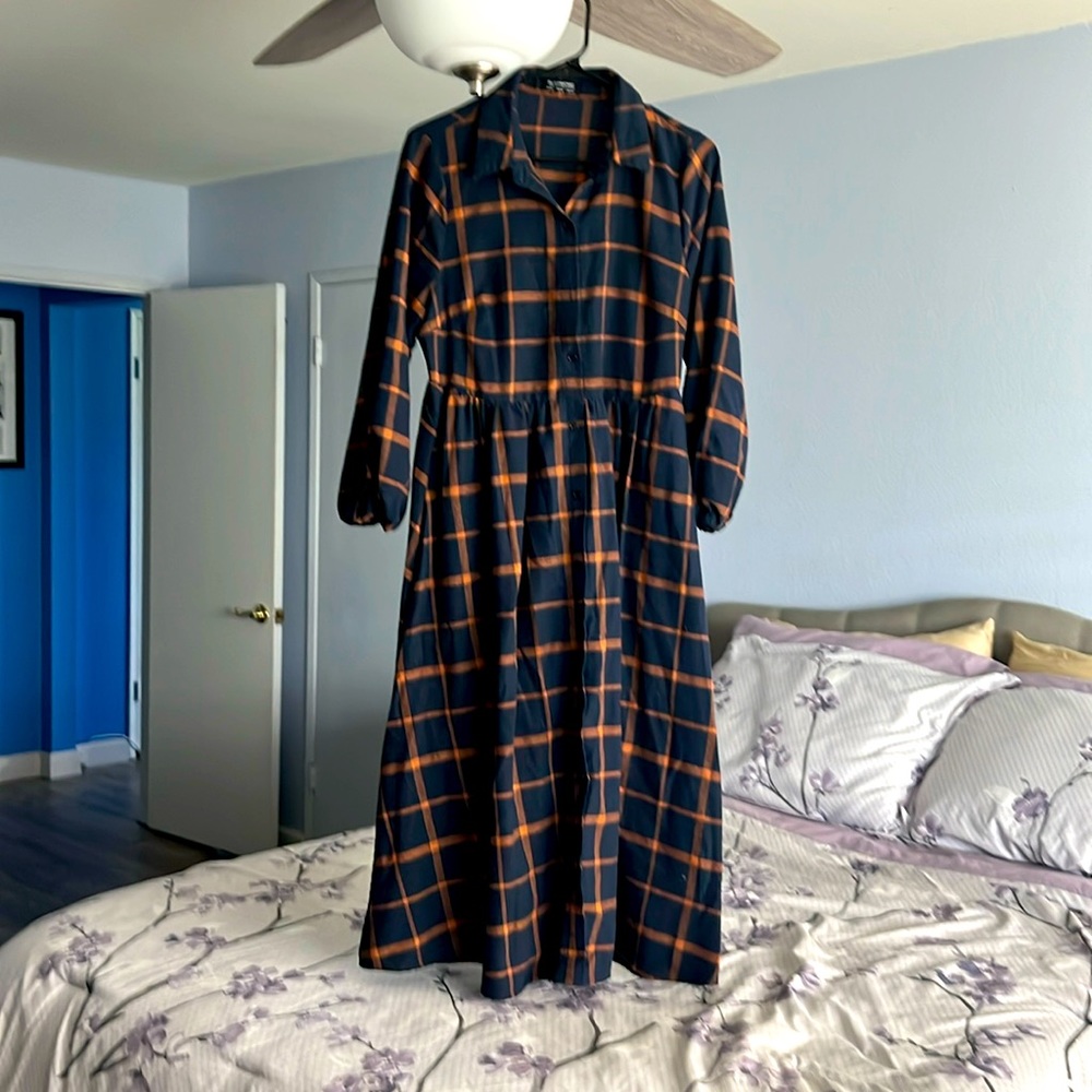 Bloomchic Plaid Belted Collar Dress